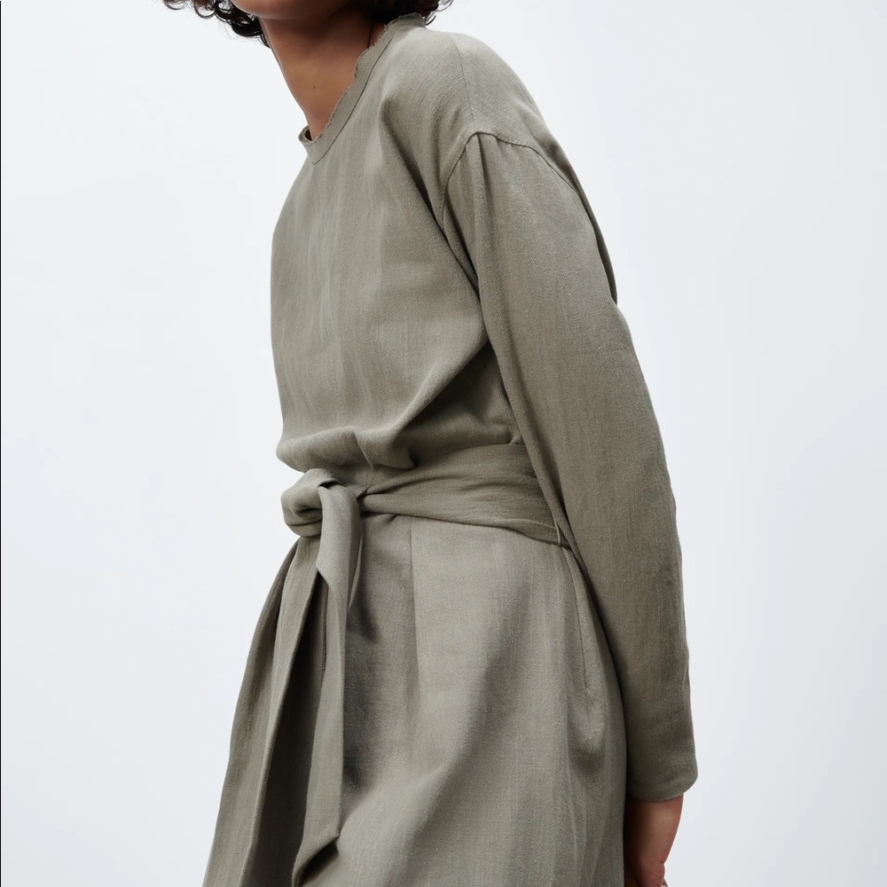 Zara LINEN BLEND MIDI DRESS w/ Tie Belt Green NEW - Picture 6 of 9
